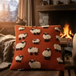 Cuscino in Lana Cotta 50x50 Pecorelle su Fondo Ruggine Stile Montagna
