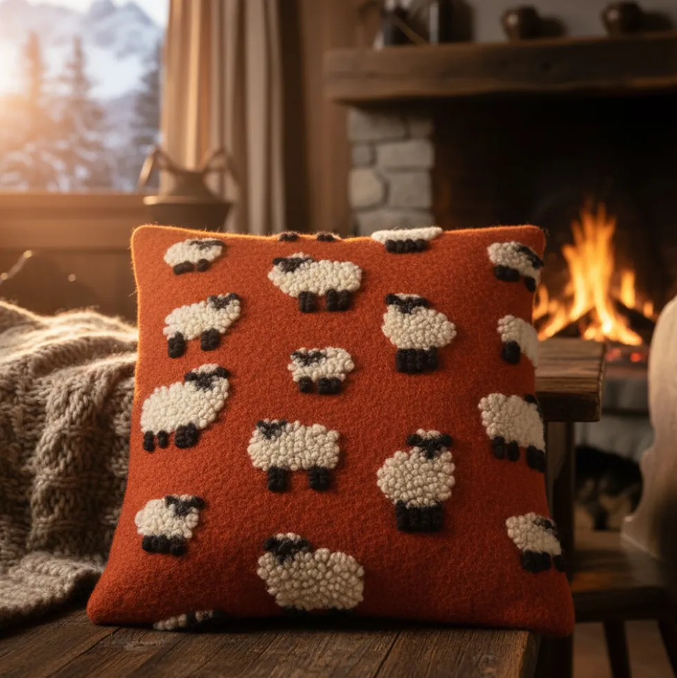 Cuscino in Lana Cotta 50x50 Pecorelle su Fondo Ruggine Stile Montagna
