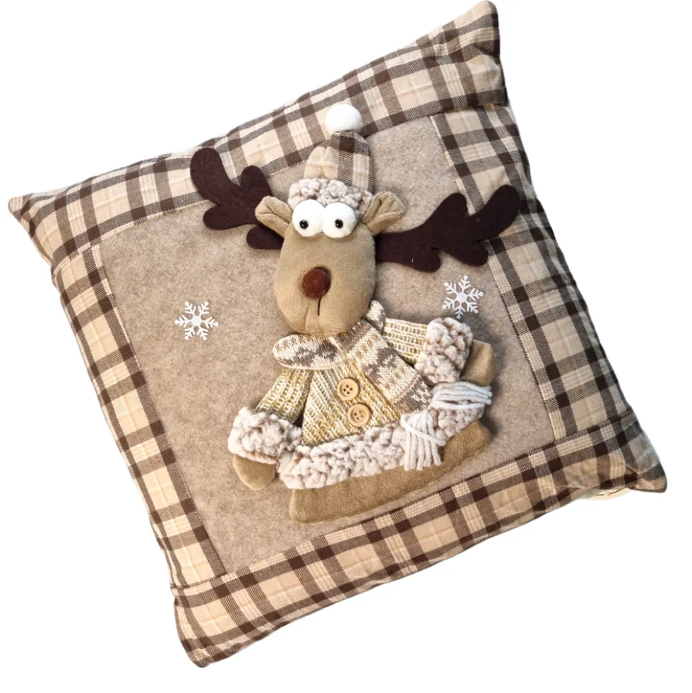 Cuscino NATALE arredo da divano 40x40 cm Renna beige ricamato