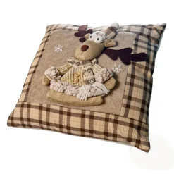 Cuscino NATALE arredo da divano 40x40 cm Renna beige ricamato