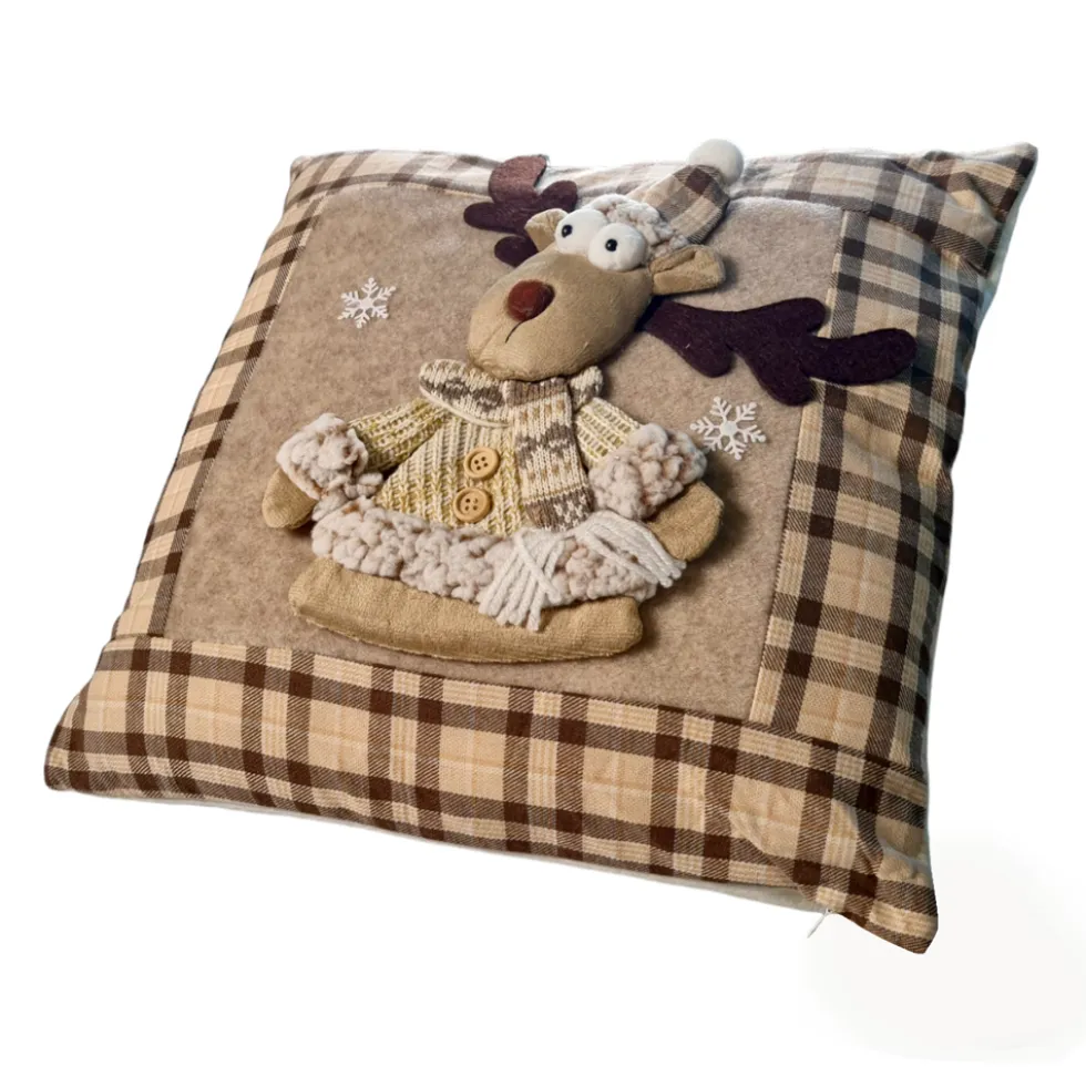 Cuscino NATALE arredo da divano 40x40 cm Renna beige ricamato