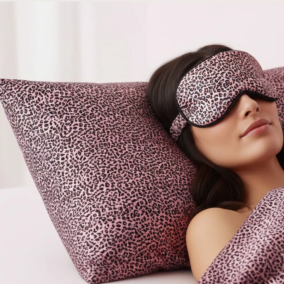 Federa sfusa in pura seta di gelso + maschera notte Pink Leopard