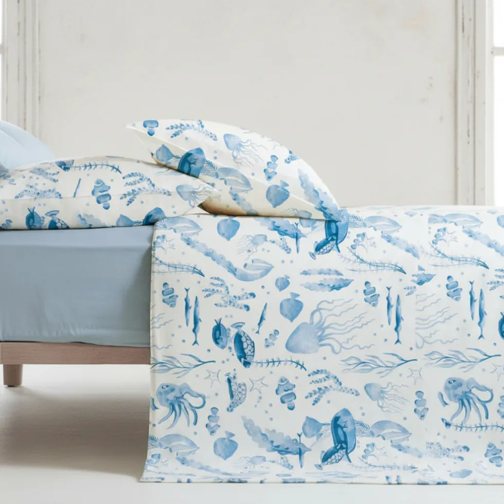 Lenzuola-copriletto matrimoniali pesci e coralli marina azzurro blu