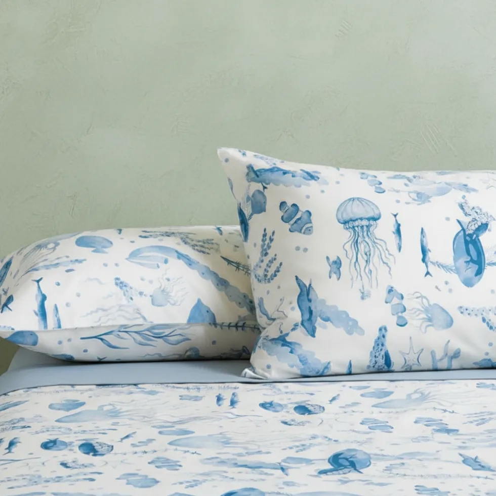 Lenzuola-copriletto matrimoniali pesci e coralli marina azzurro blu