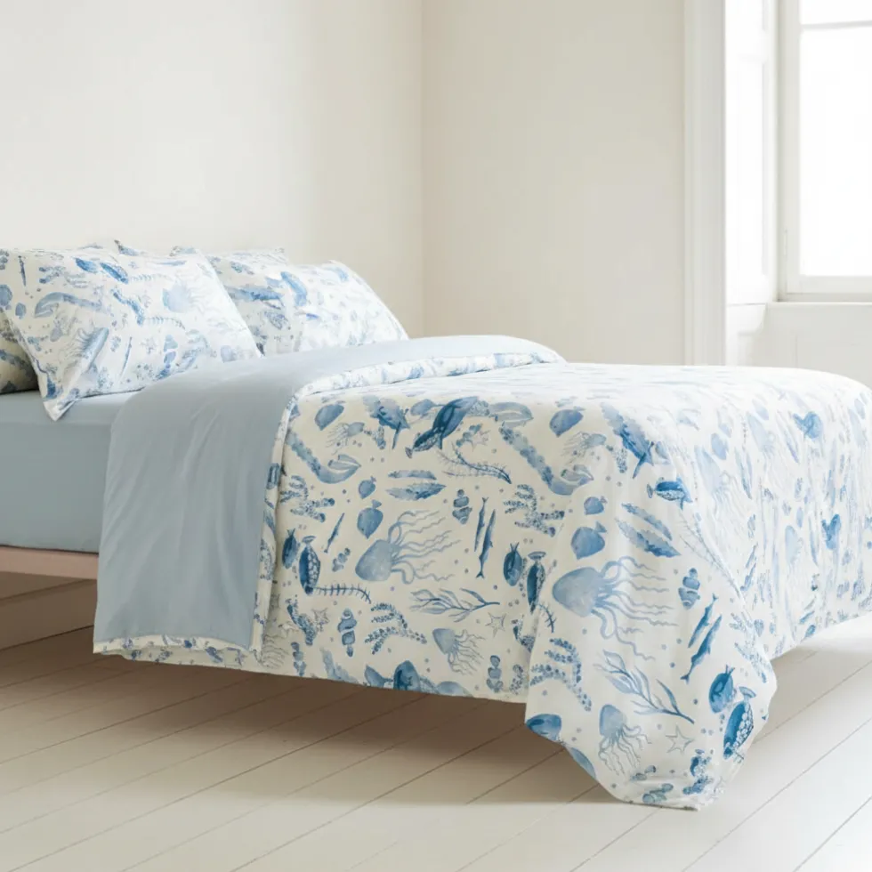 Lenzuola-copriletto matrimoniali pesci e coralli marina azzurro blu