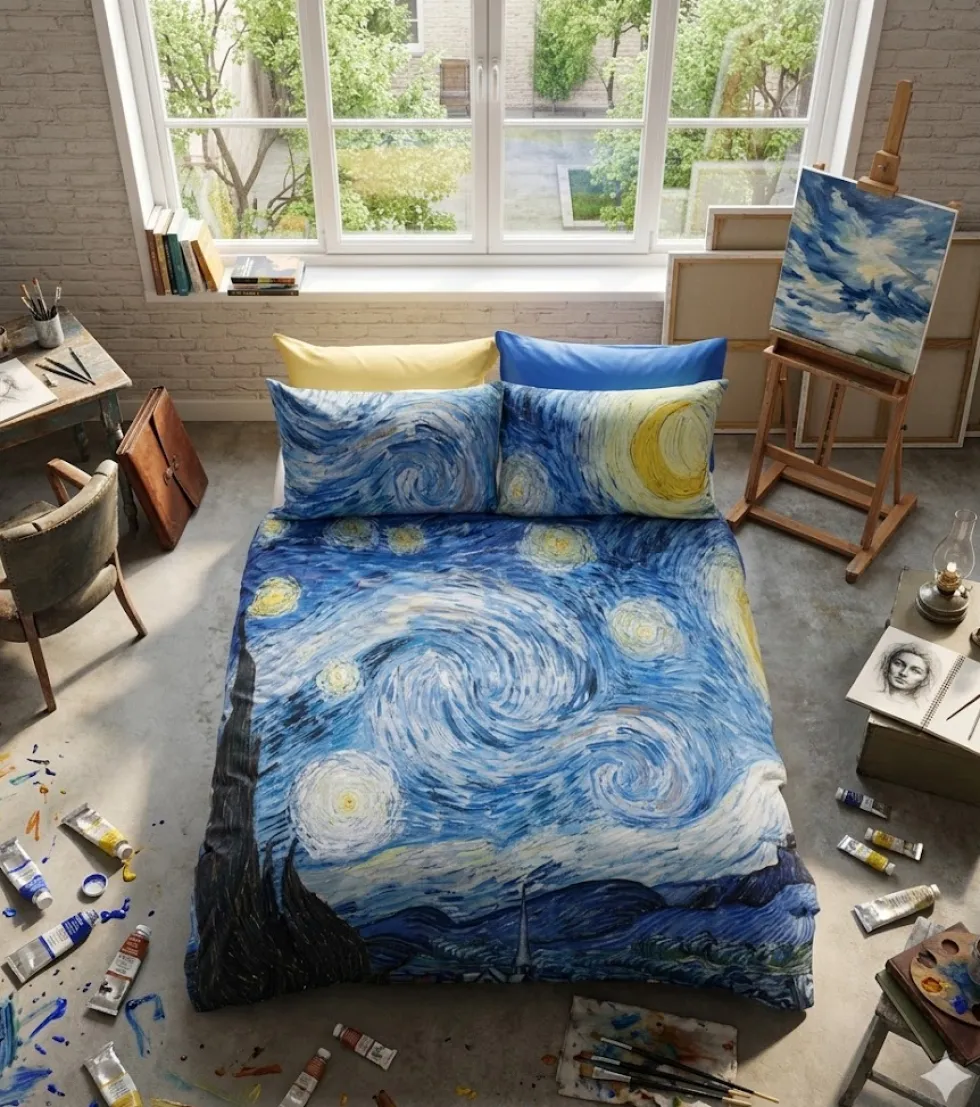 Lenzuola-copriletto matrimoniale in cotone La Notte Stellata Van Gogh