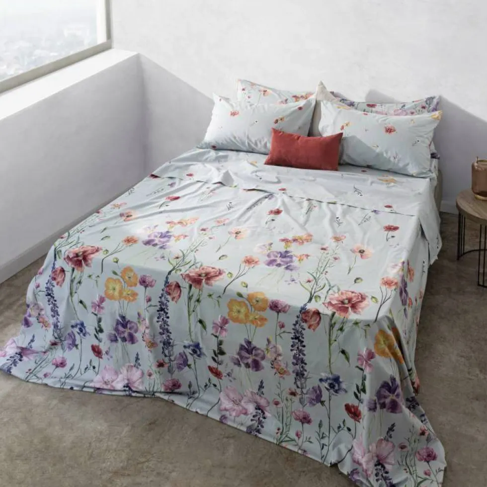 Lenzuola-copriletto matrimoniali in cotone Day Dream floreale azzurro