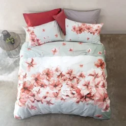 Lenzuola-copriletto matrimoniali in cotone Flower Power 2530 corallo
