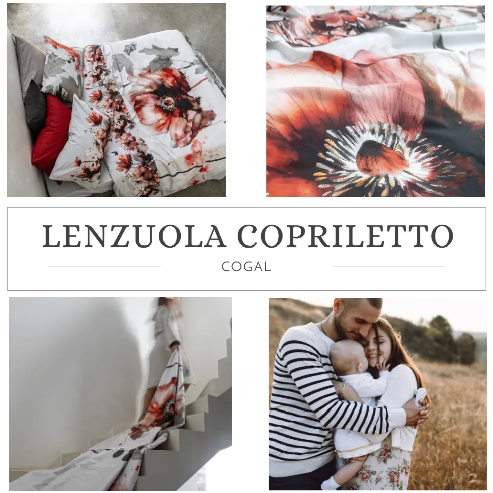 Lenzuola-copriletto matrimoniali in cotone completo floreale rosso