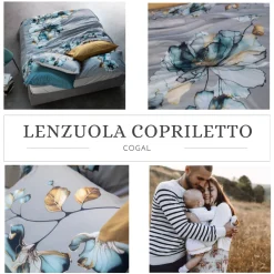 Lenzuola-copriletto matrimoniali in cotone completo floreale ottanio