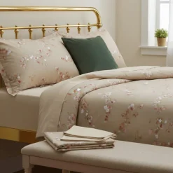Lenzuola-copriletto Matrimoniale in raso RANDI ALMOND beige floreale