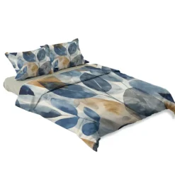Lenzuola-copriletto matrimoniali in raso Astriel foliage blu e oro