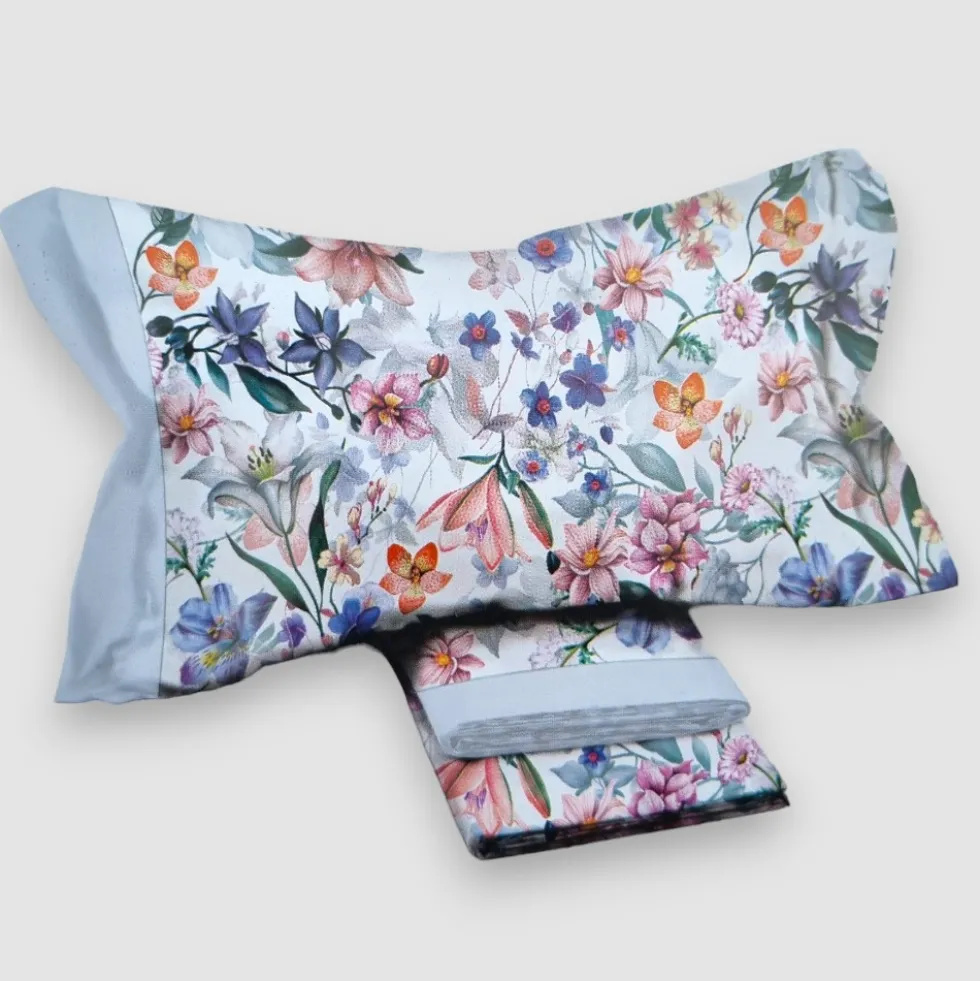 Lenzuola floreali completo matrimoniale in cotone AIMO azzurro