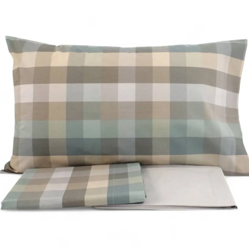 Lenzuola in puro cotone matrimoniali GABEL Brasilia quadretti grigio verde