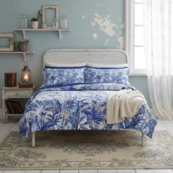 Lenzuola matrimoniali con balza a vista in raso GREEN PARADISE blu