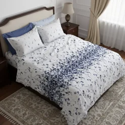 Lenzuola Matrimoniali 100% Cotone Foliage | Effetto-Copriletto blu