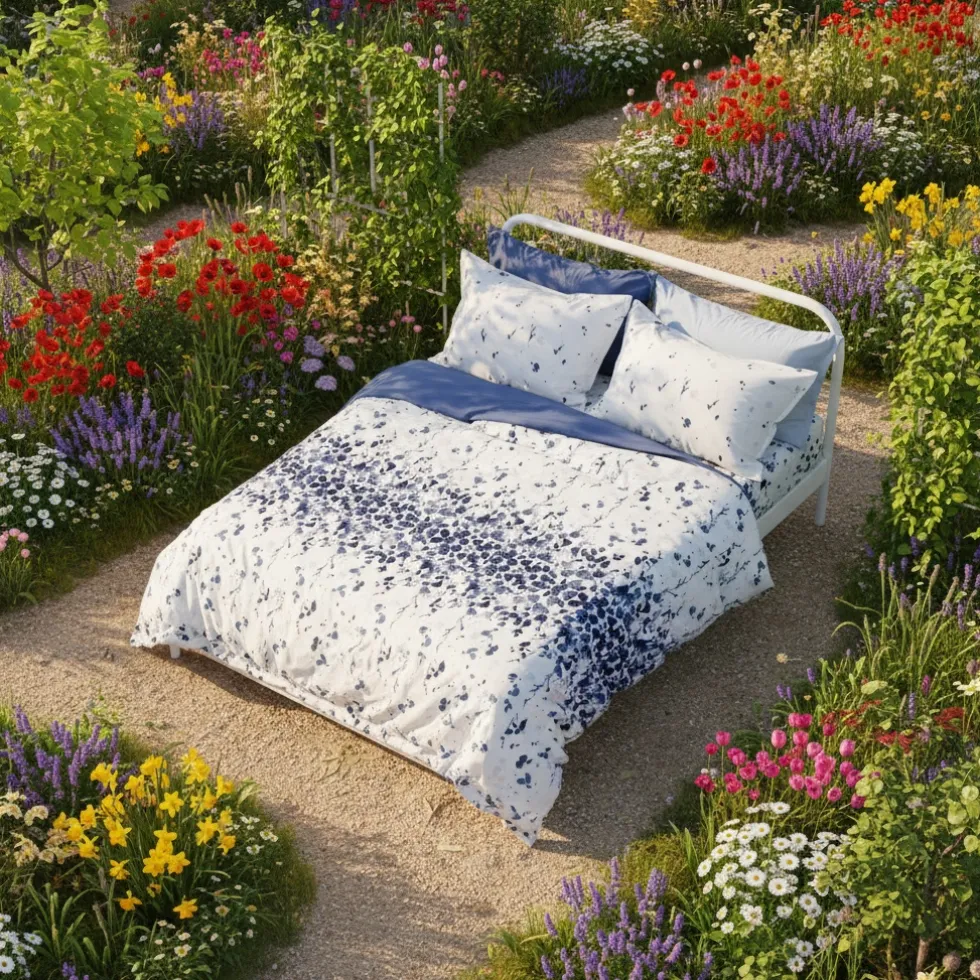 Lenzuola Matrimoniali 100% Cotone Foliage | Effetto-Copriletto blu