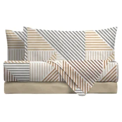 Lenzuola matrimoniali in cotone RAMSEY beige fantasia geometrica