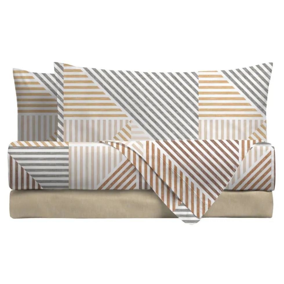 Lenzuola matrimoniali in cotone RAMSEY beige fantasia geometrica