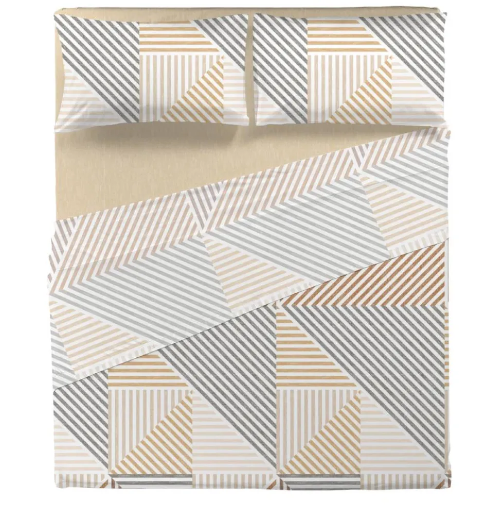 Lenzuola matrimoniali in cotone RAMSEY beige fantasia geometrica