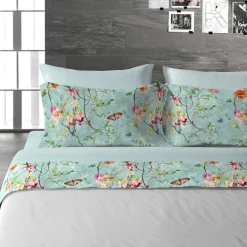 Lenzuola matrimoniali in cotone DIAMOND AGE Fiori e farfalle acqua
