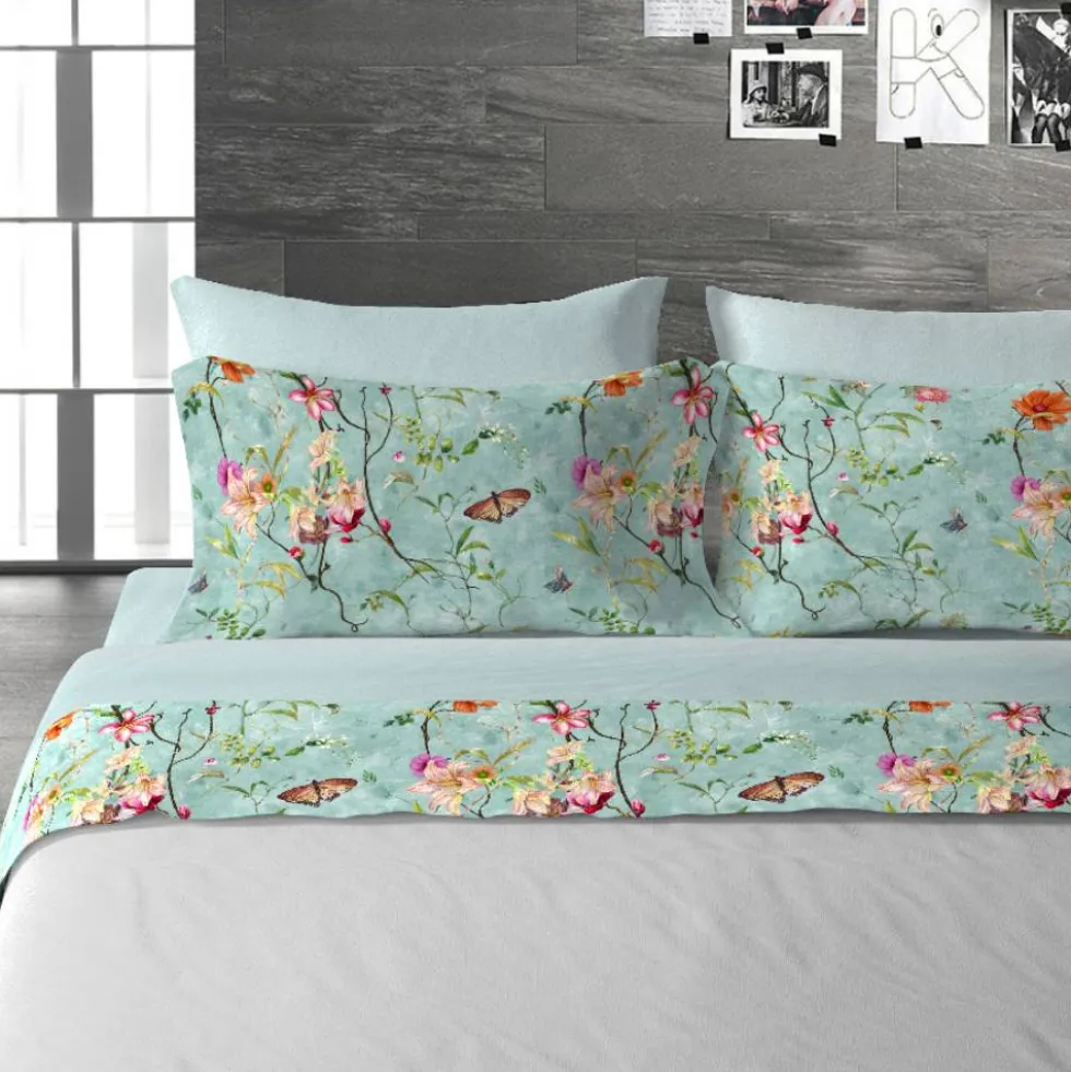 Lenzuola matrimoniali in cotone DIAMOND AGE Fiori e farfalle acqua