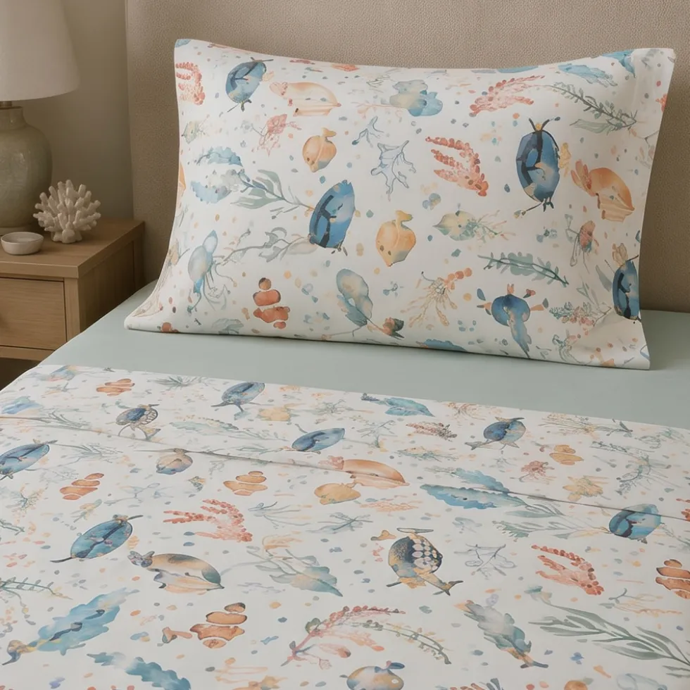 Lenzuola matrimoniali in fantasia marina pesci e coralli multicolor