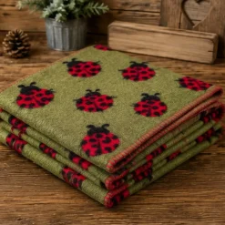 Morbido Plaid 150x170 Lana Cotta Fondo verde e Coccinelle rosse