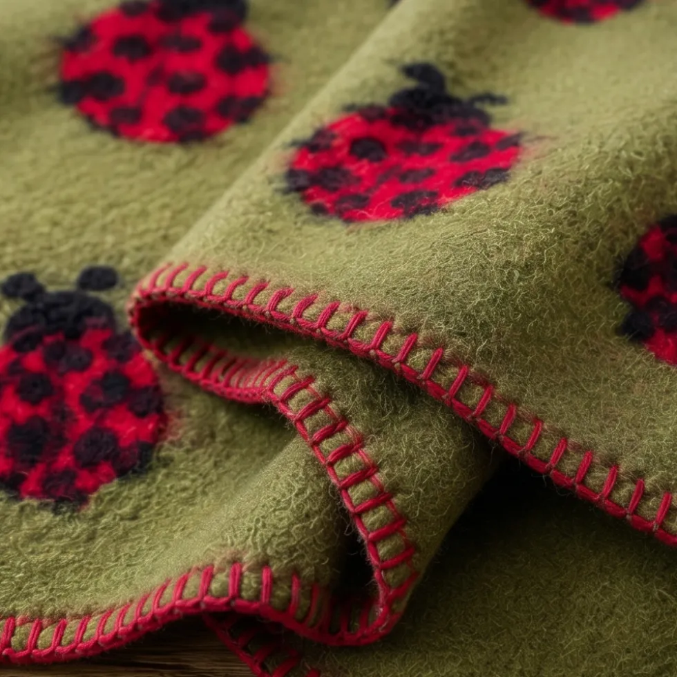 Morbido Plaid 150x170 Lana Cotta Fondo verde e Coccinelle rosse
