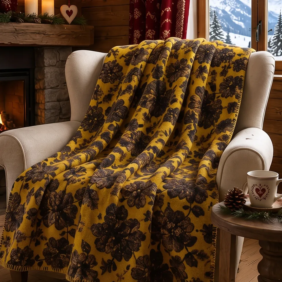 Plaid di Lana Cotta fiori d'Autunno senape - Soffice e Accogliente