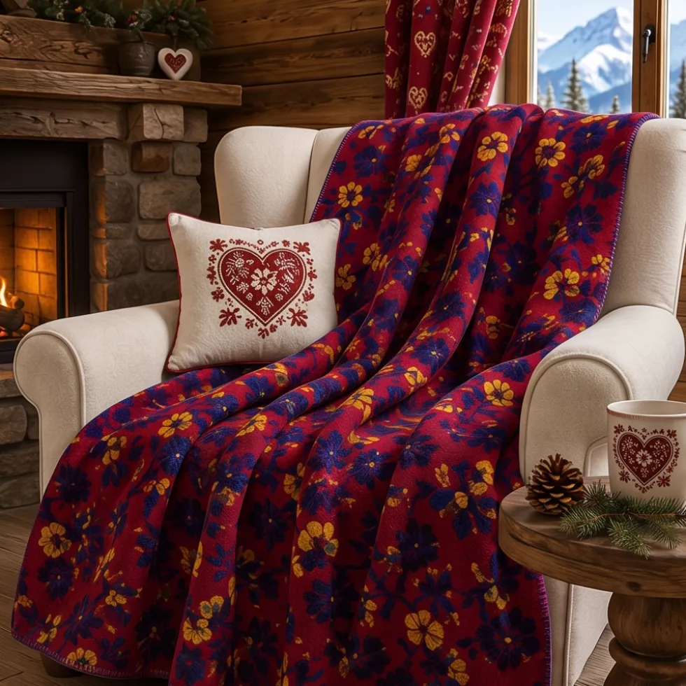 Plaid in calda Lana Cotta 150x170 motivo floreale rosso