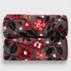 Plaid in Lana Cotta ANTRACITE con motivo floreale - Soffice e Accogliente per Casa