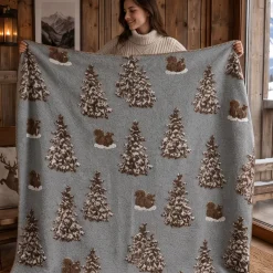 Plaid in lana cotta 150x170 cm Abeti e scoiattoli fondo grigio