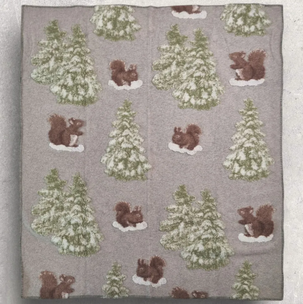 Plaid in lana cotta 150x170 cm Abeti e scoiattoli fondo tortora