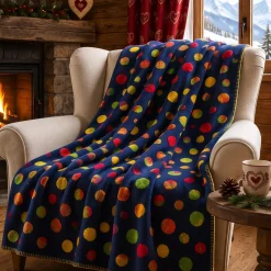 Plaid in lana cotta 150x170 cm blu con motivo a pois multicolor