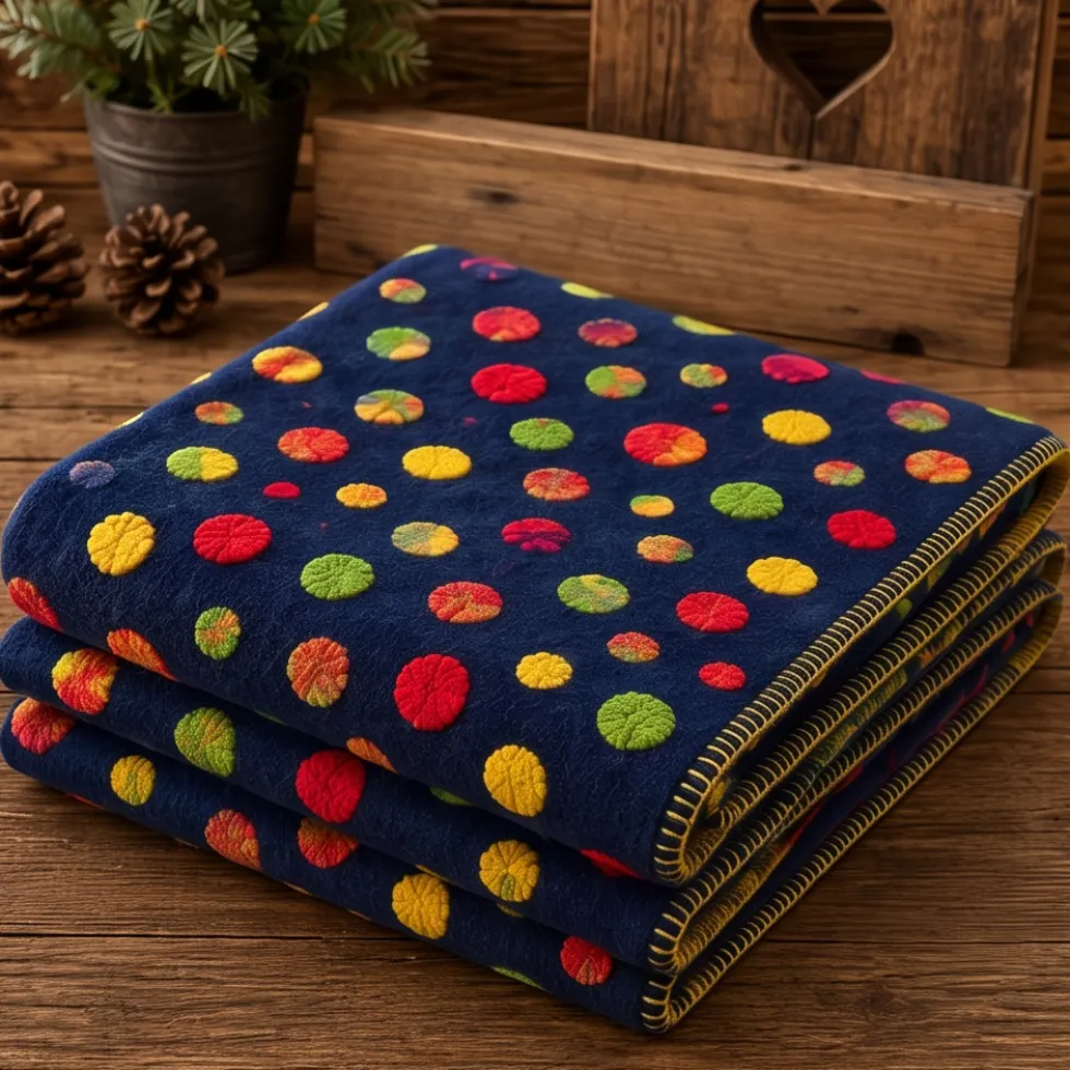 Plaid in lana cotta 150x170 cm blu con motivo a pois multicolor