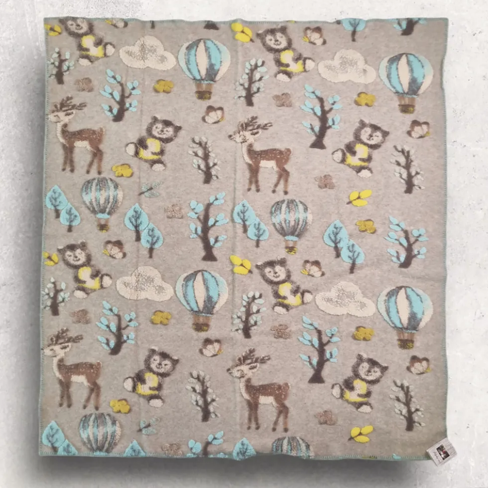 Plaid in lana cotta 150x170 cm Mongolfiere azzurre fondo tortora