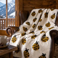 Plaid in Morbida Lana Cotta 150x170 Coccinelle gialle fondo perla