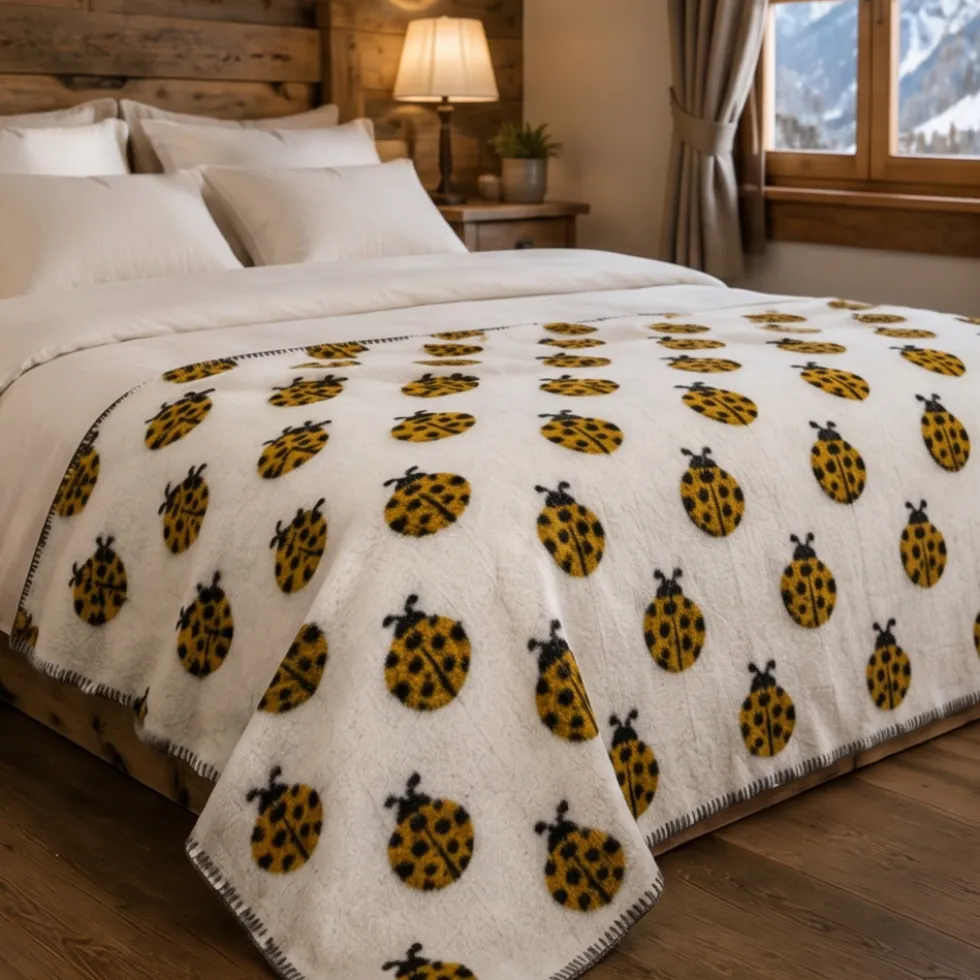 Plaid in Morbida Lana Cotta 150x170 Coccinelle gialle fondo perla