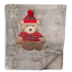 Plaid in pile 130x160 Orsetto Teddy grigio con ricamo applicato