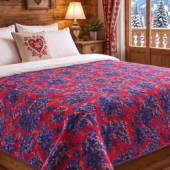 Plaid lana cotta 150x170 cm con motivo floreale-ramage rosso e blu