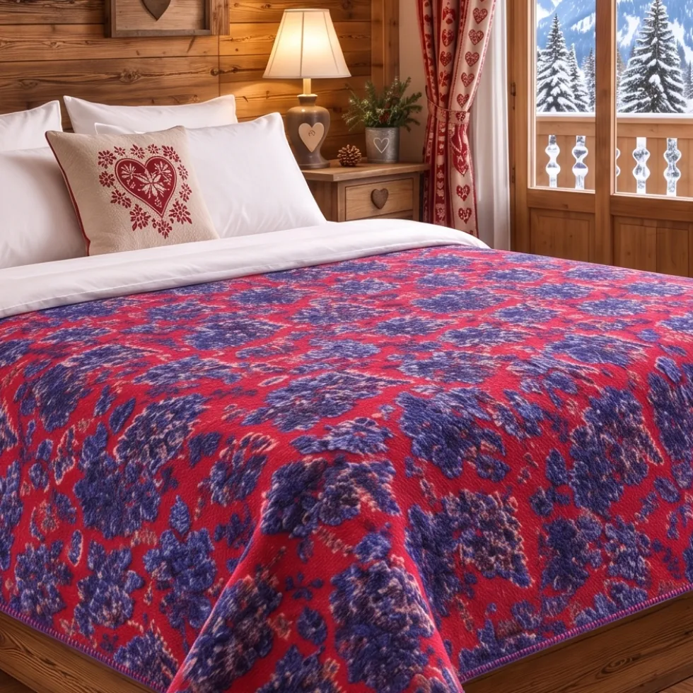 Plaid lana cotta 150x170 cm con motivo floreale-ramage rosso e blu