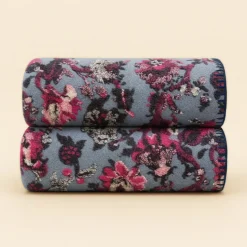 Plaid lana cotta 150x170 cm con motivo floreale-ramage fondo avio