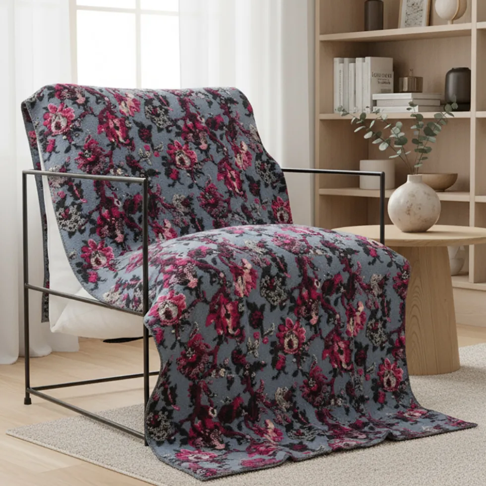 Plaid lana cotta 150x170 cm con motivo floreale-ramage fondo avio