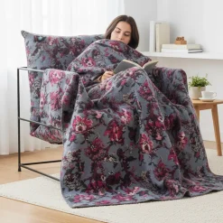 Plaid lana cotta 150x170 cm con motivo floreale-ramage fondo avio