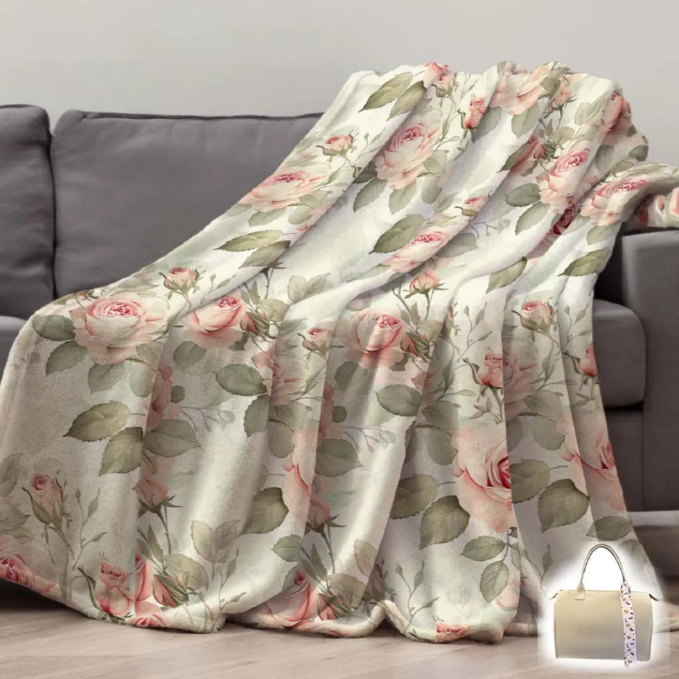 Plaid Sherpa BLOOM soffice coperta floreale rosa 130x160 con borsa