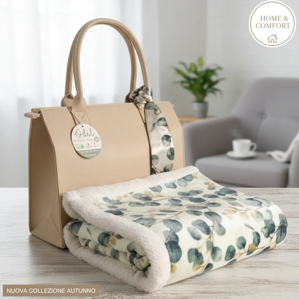 Plaid Sherpa ODIL soffice coperta Foliage 130x160 con borsa