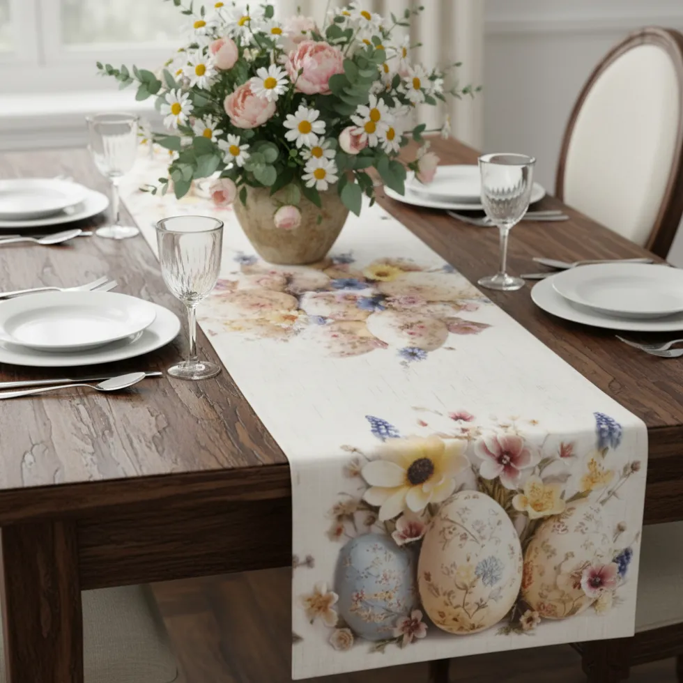 Runner fantasia Pasquale in puro cotone Flowery Easter Eggs 45x140