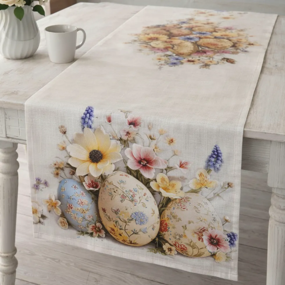 Runner fantasia Pasquale in puro cotone Flowery Easter Eggs 45x140