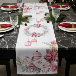 Runner Natalizio in puro cotone Piazza Pitti Charm rosa 50x140 cm